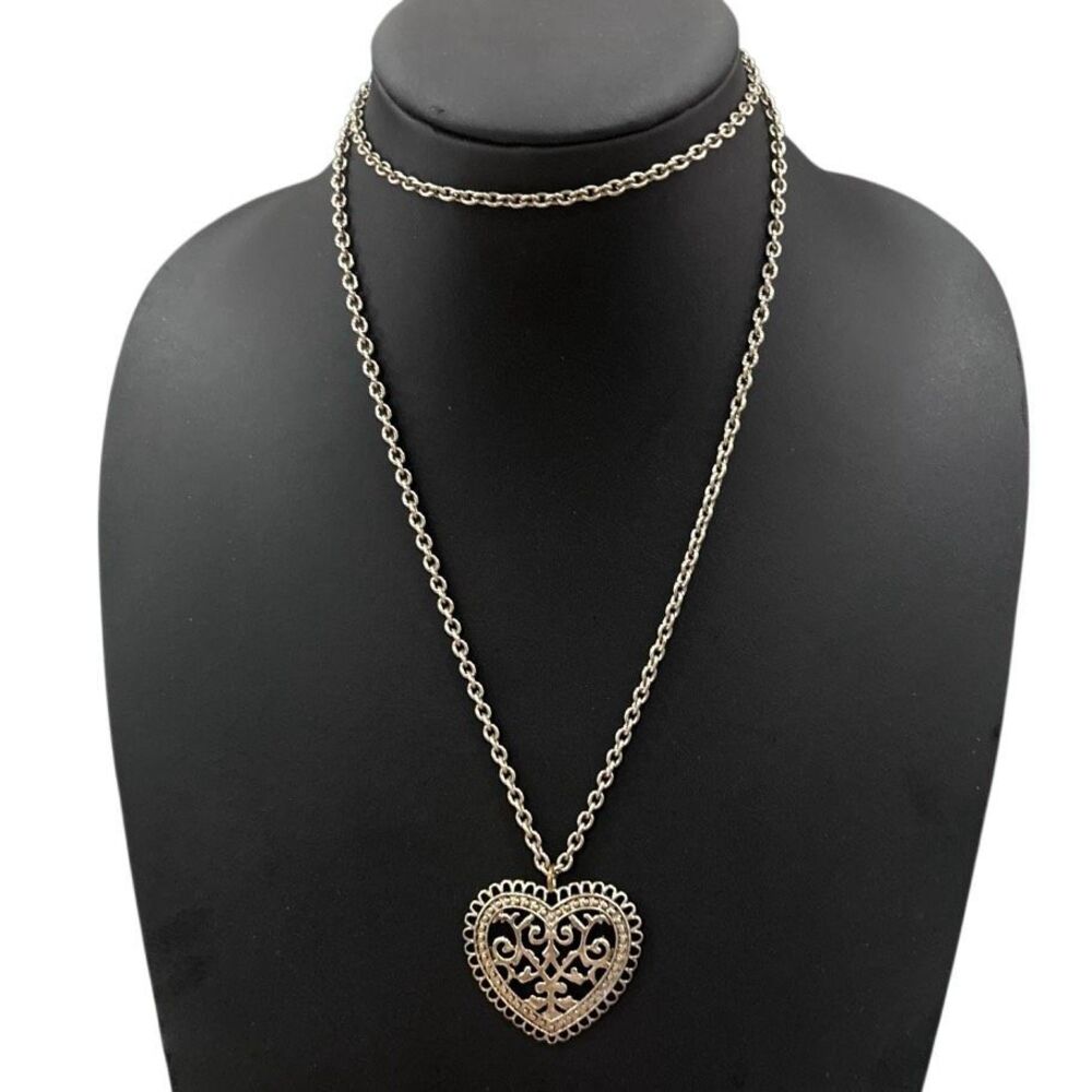 Vtg Filigree Heart Pendant Necklace Women's 32" Antiqued Silver-tone Open Work